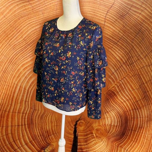 Madewell ‘Ruffle Sleeve Top’ in “Oriental Floral Midnight” Navy Blue Size Small - Picture 7 of 16